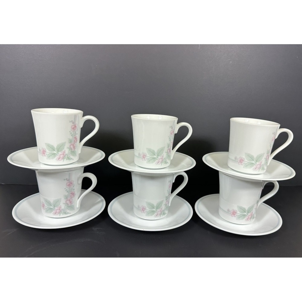 Corning Corelle Veranda Coffee Cups/Mugs Saucers Pink Flowers Vtg 80-90s Set 6